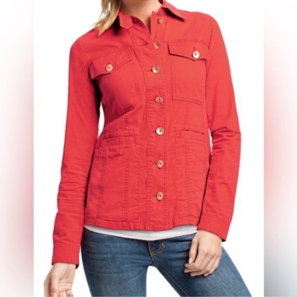 CAbi #727 Taylor Utility Ruffle Back Button Down Jacket Size S Small